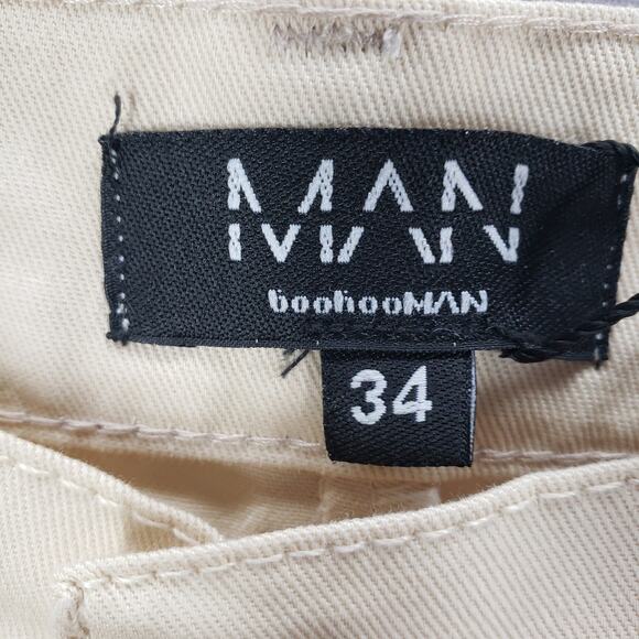 Boohoo Man Relaxed Fit Cargo Chino Trousers Stone Color Pants Size 34R - Picture 4 of 12